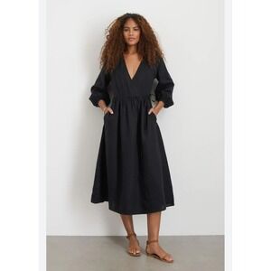 Alex Mill Lauren Midi Dress Size M 100% Linen Long Sleeve Wrap Black V-Neck NWT